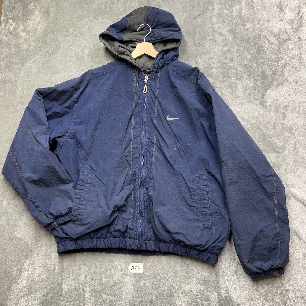 Vintage Nike 90s Big Swoosh Navy Nylon Hooded Heavy Zip Jacket Size Men's XL